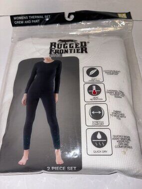 Rugged Frontier Women Medium M Thermal  Layer Set Crew Top & Pant White 2 Piece